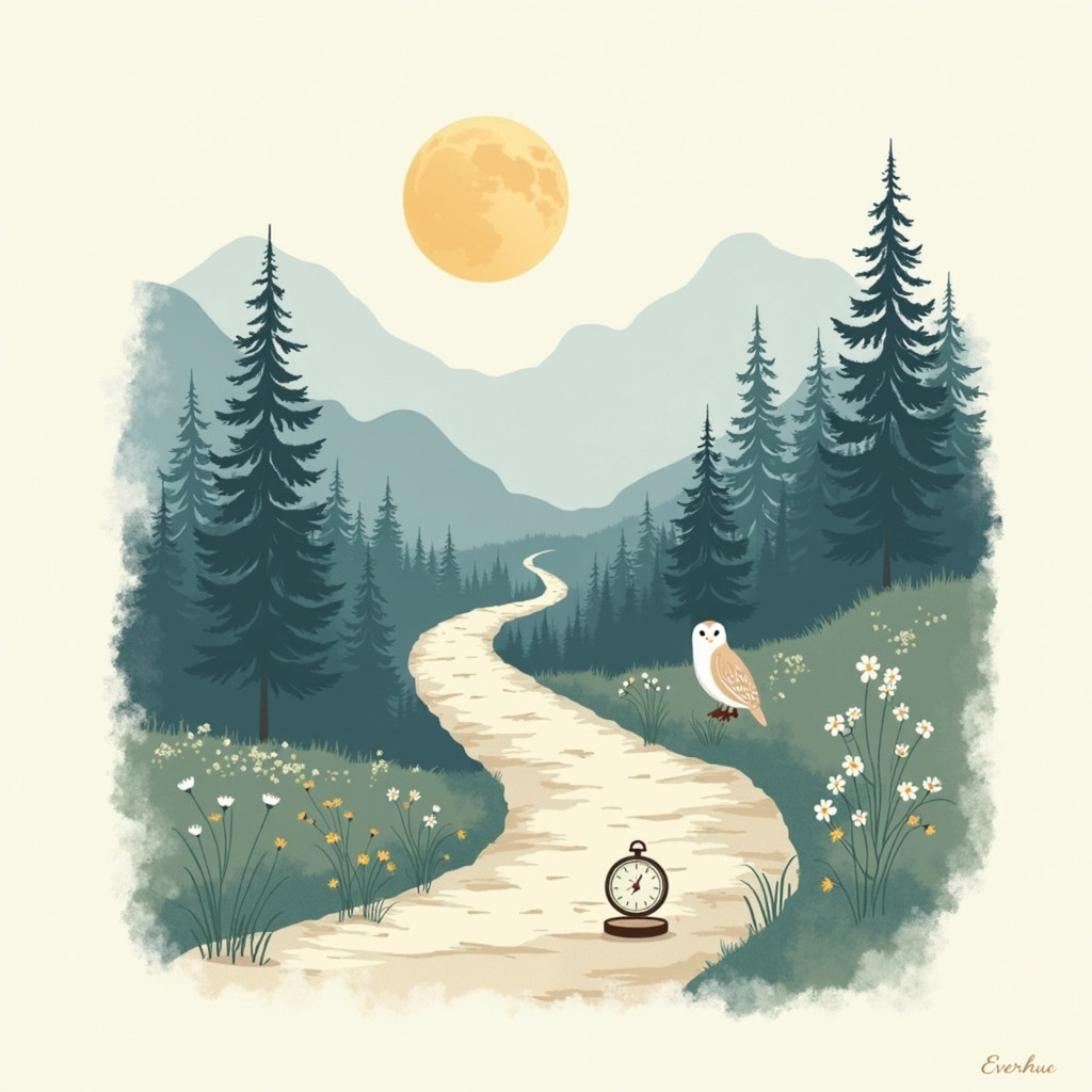 Sample Essence Print artwork — a moonlit path winding through pine forest, with an owl and a compass, painted in watercolour