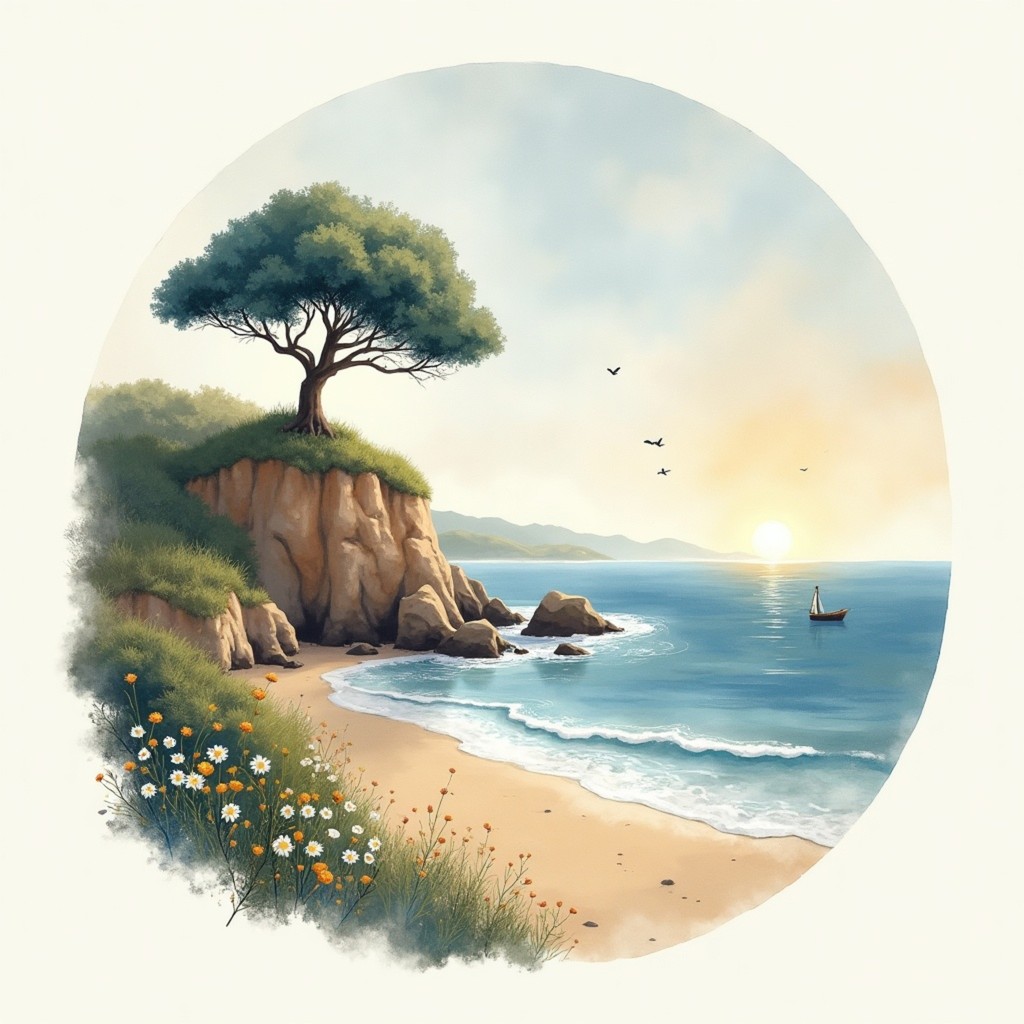 Sample Essence Print artwork — a tree on a wildflower coastline, painted in watercolour